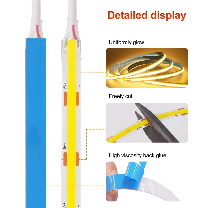 8MM COB Led Strip 5V With Motion Sensor Flexible LED Tape Battery Powered 320LEDs/M Induction Night Light For Stair Kitchen