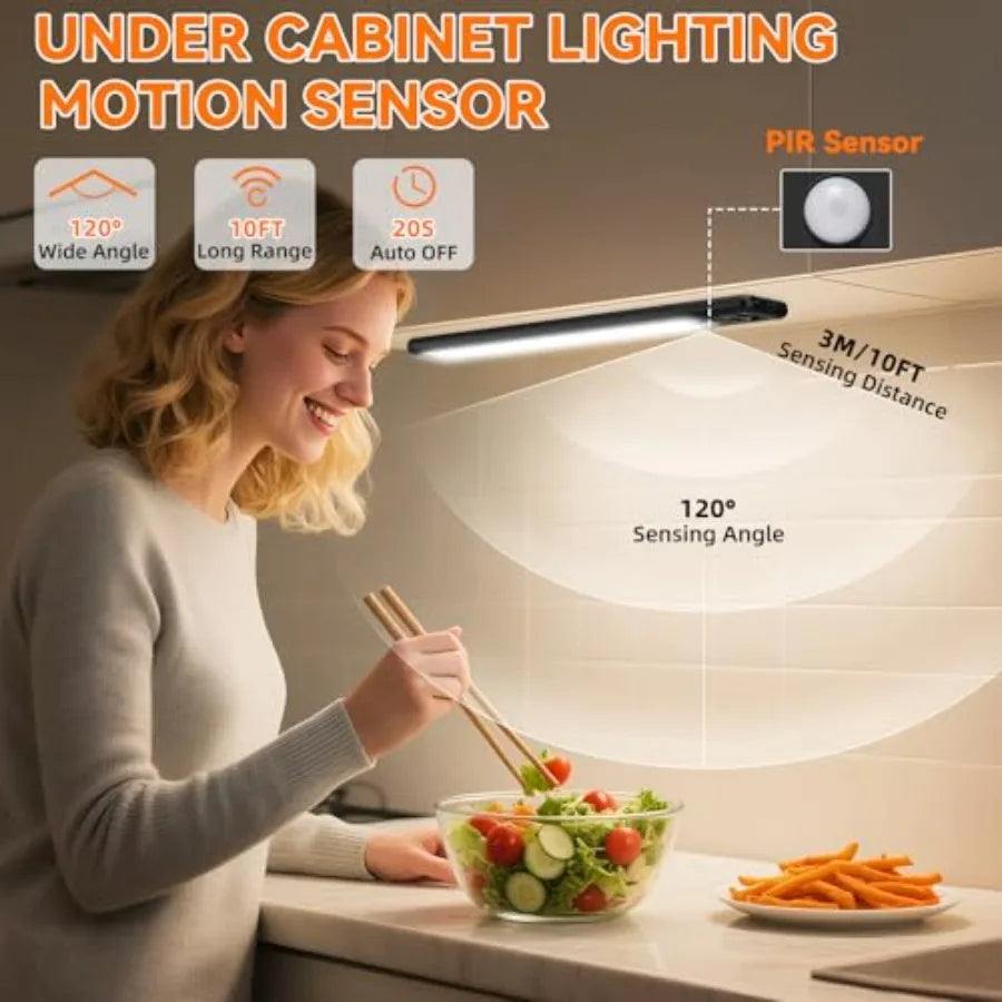 Under Cabinet Lighting Wireless, 10inch Motion Sensor Light, 3Pack- Rechargeable, 3 Color Temps, Dimmable, Power Display, LED C