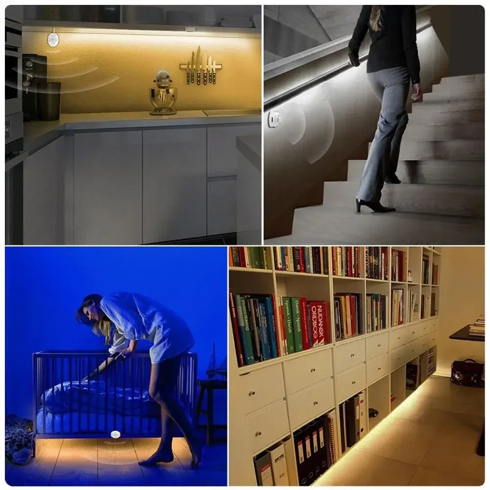 LED Motion Sensor Cupboard Wardrobe Bed lamp Under Cabinet Night light Flexible LED Strip 12V Tape 110V 220V US EU Power Supply