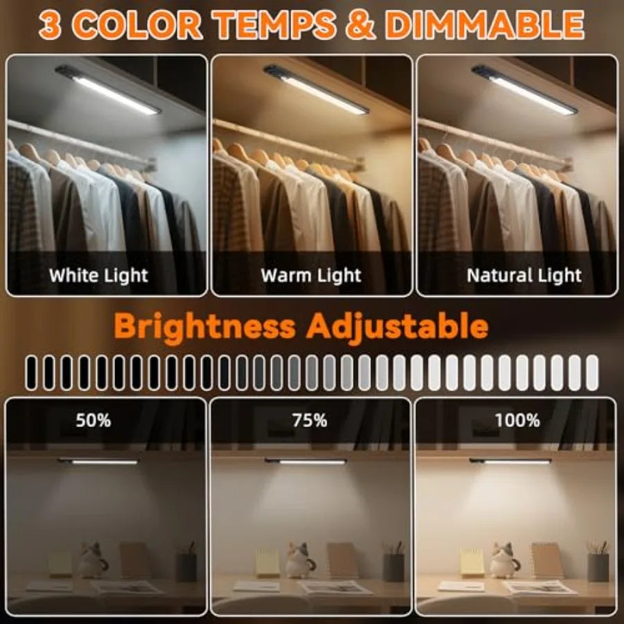 Under Cabinet Lighting Wireless, 10inch Motion Sensor Light, 3Pack- Rechargeable, 3 Color Temps, Dimmable, Power Display, LED C