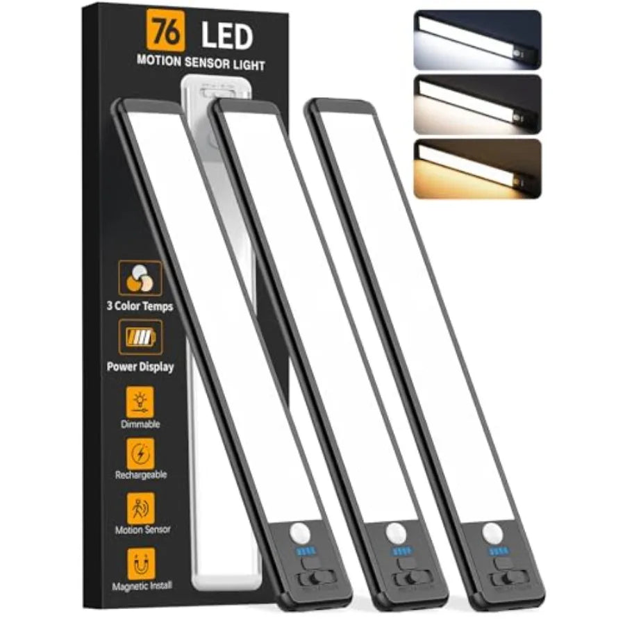 Under Cabinet Lighting Wireless, 10inch Motion Sensor Light, 3Pack- Rechargeable, 3 Color Temps, Dimmable, Power Display, LED C