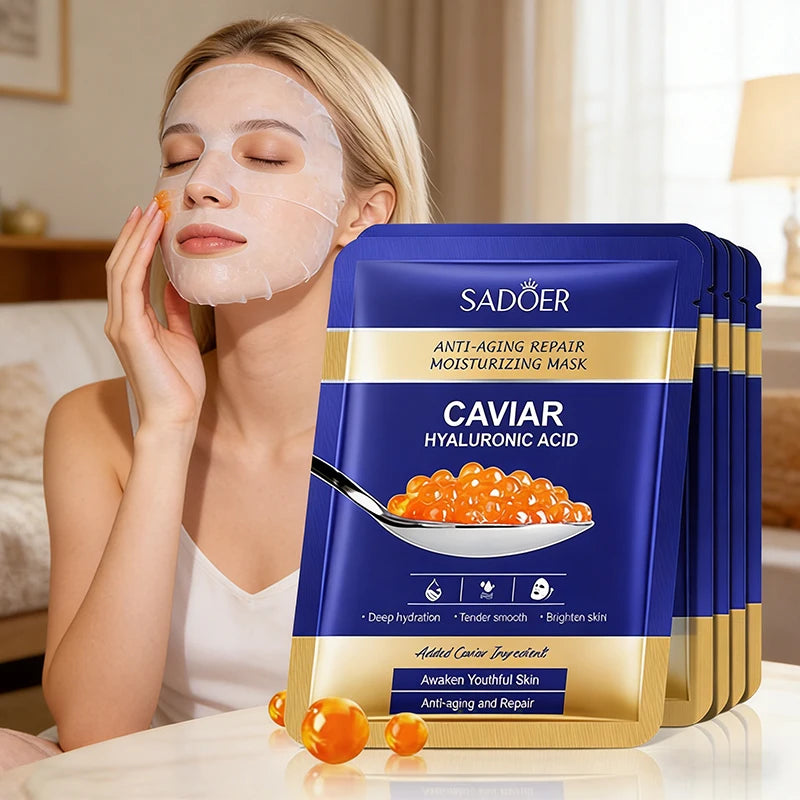 5pcs SADOER Caviar Hyaluronic Acid Moisturizing Facial Masks Brightening Firming Hydrating Face Mask Facial Skin Care Products