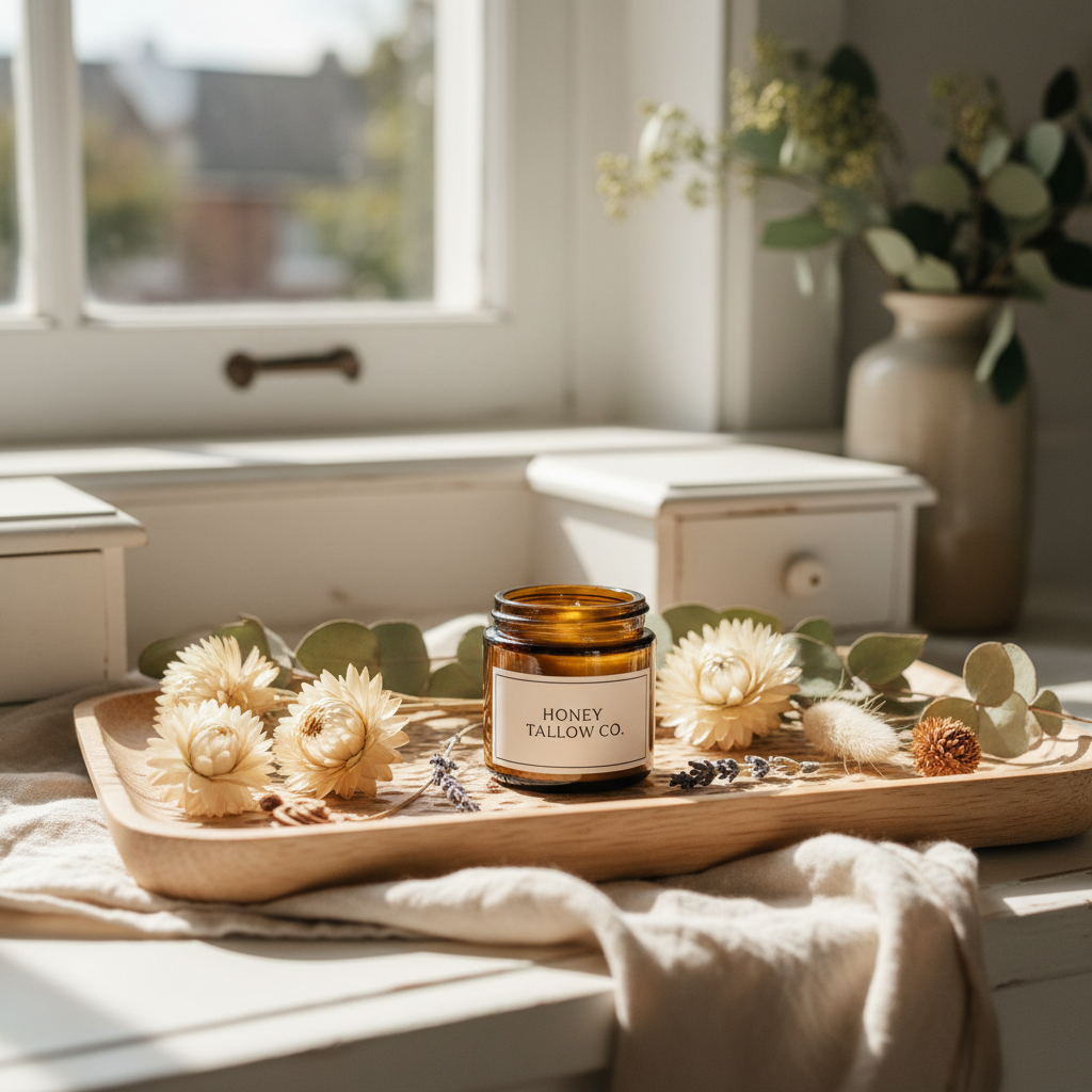 Tallow Honey Balm lifestyle photo — amber glass jar on wooden tray with dried flowers and linen cloth
