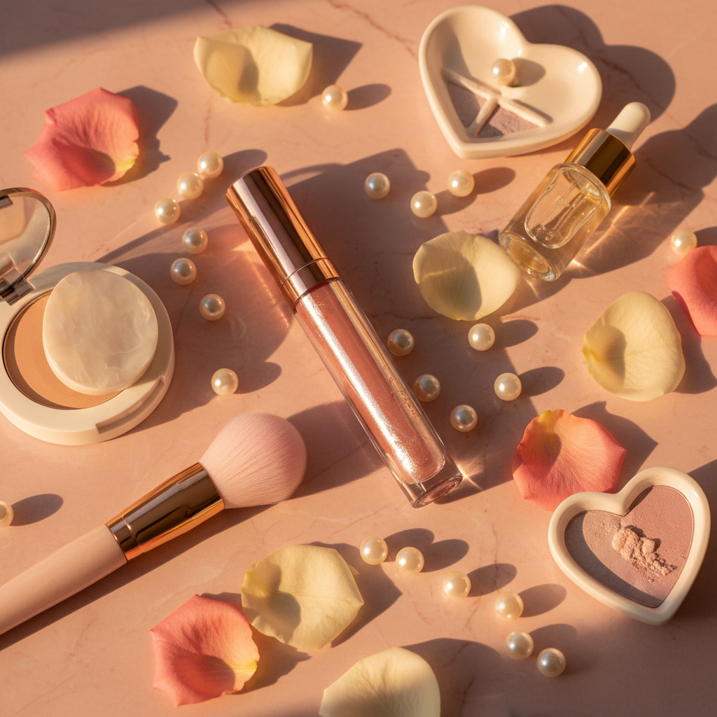 Hydrating Lip Glaze lifestyle flat lay on pink marble with rose petals and golden hour lighting